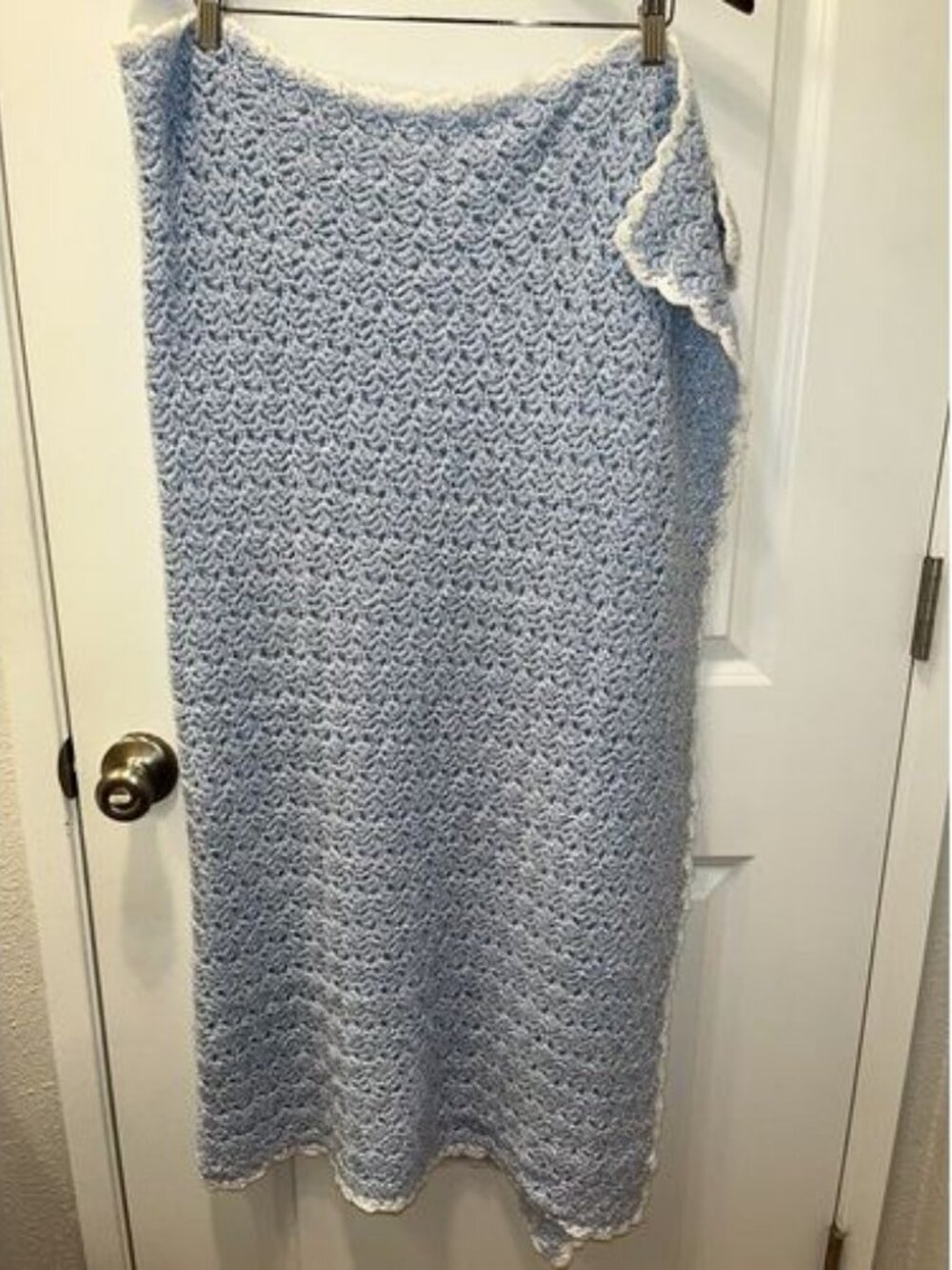 Vintage Crochet Blue Baby Blanket Handmade by Bertha White Border 47" x 43"